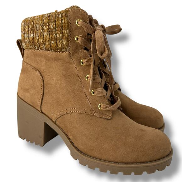 NEW Sun + Stone Macy's Brown Lace Up Booties Size 9 Hiking Chunky Knit Trim Lug - Picture 1 of 7